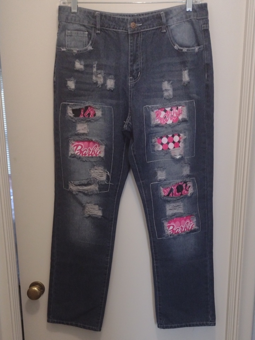 Barbie Girl's Distressed Dark Blue Jeans with Pink Patch Accents (J1030)